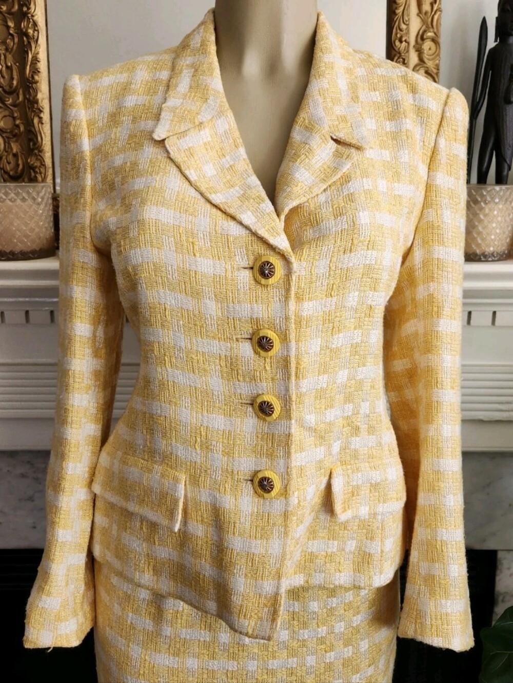 Vintage 90s Yellow White Skirt Suit Size 6 Boucle Tweed Pastel Coastal Grandma - Picture 5 of 8
